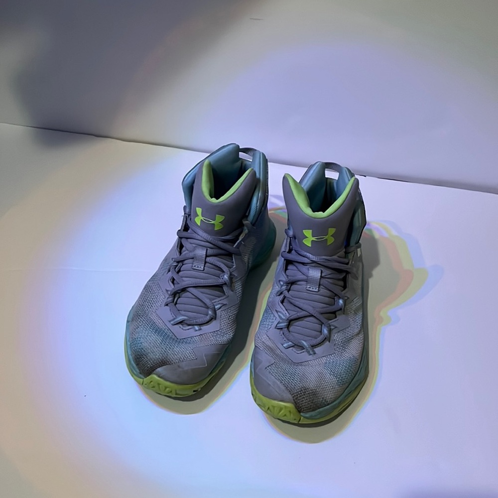 Under Armour sneakers, gray, teal/green,  size: 5